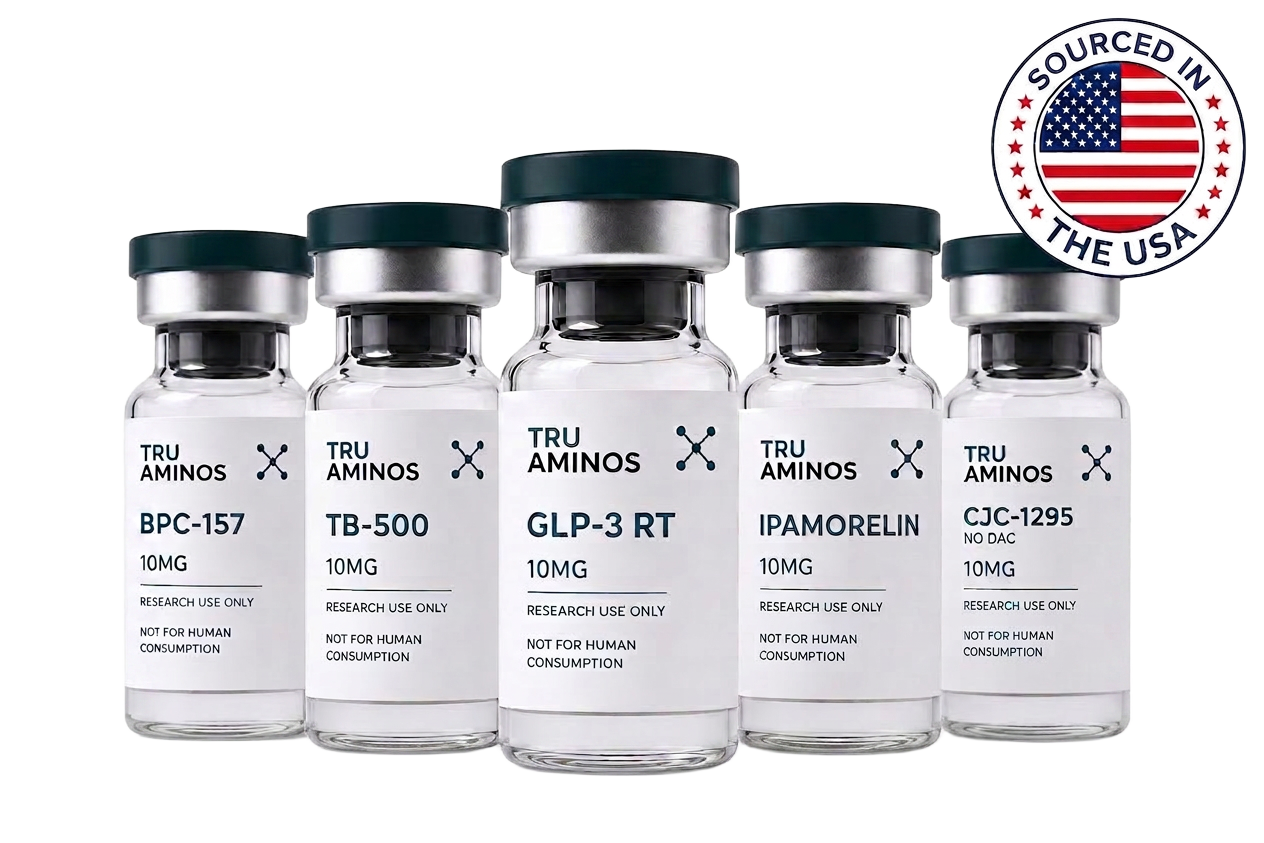 TruAminos research peptide vial lineup — Product of the USA